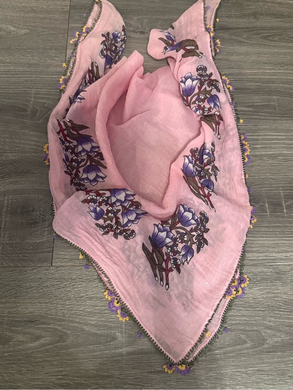 Pink Floral bandana/headwrap with Crocheted Edge